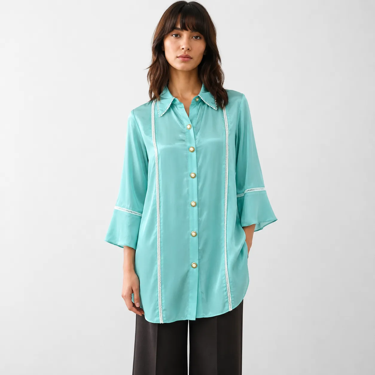 Aqua Glow Satin Shirt Top